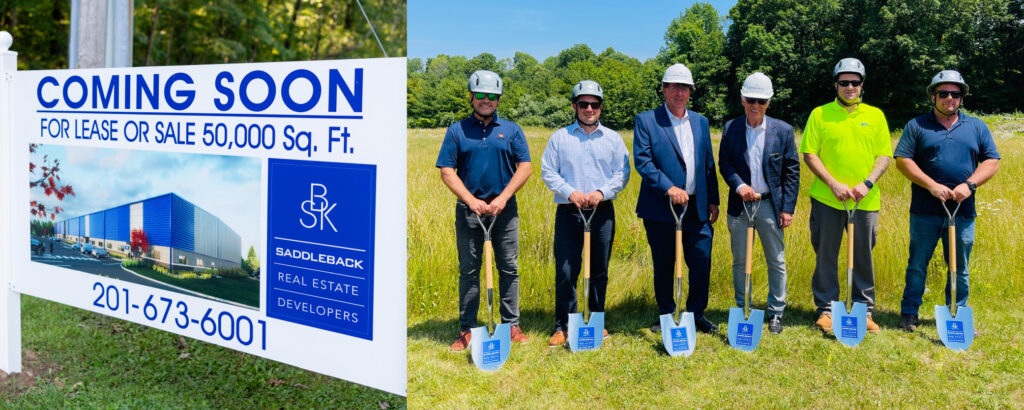 Coming soon sign at entrance advertising the future facility for lease/own next to a photo of the principles at the ground breaking ceremony.