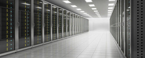 black/white mission critical image of the inside of a data center