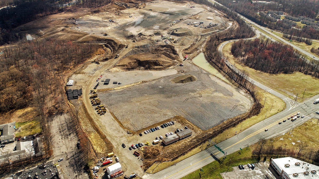 Drone/Aerial view of future industrial two-building campus